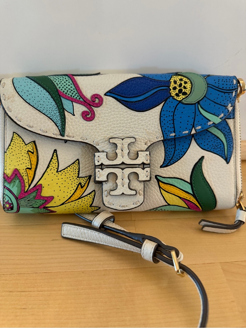 Tory Burch White Leather Crossbody with Multicolor Floral Print